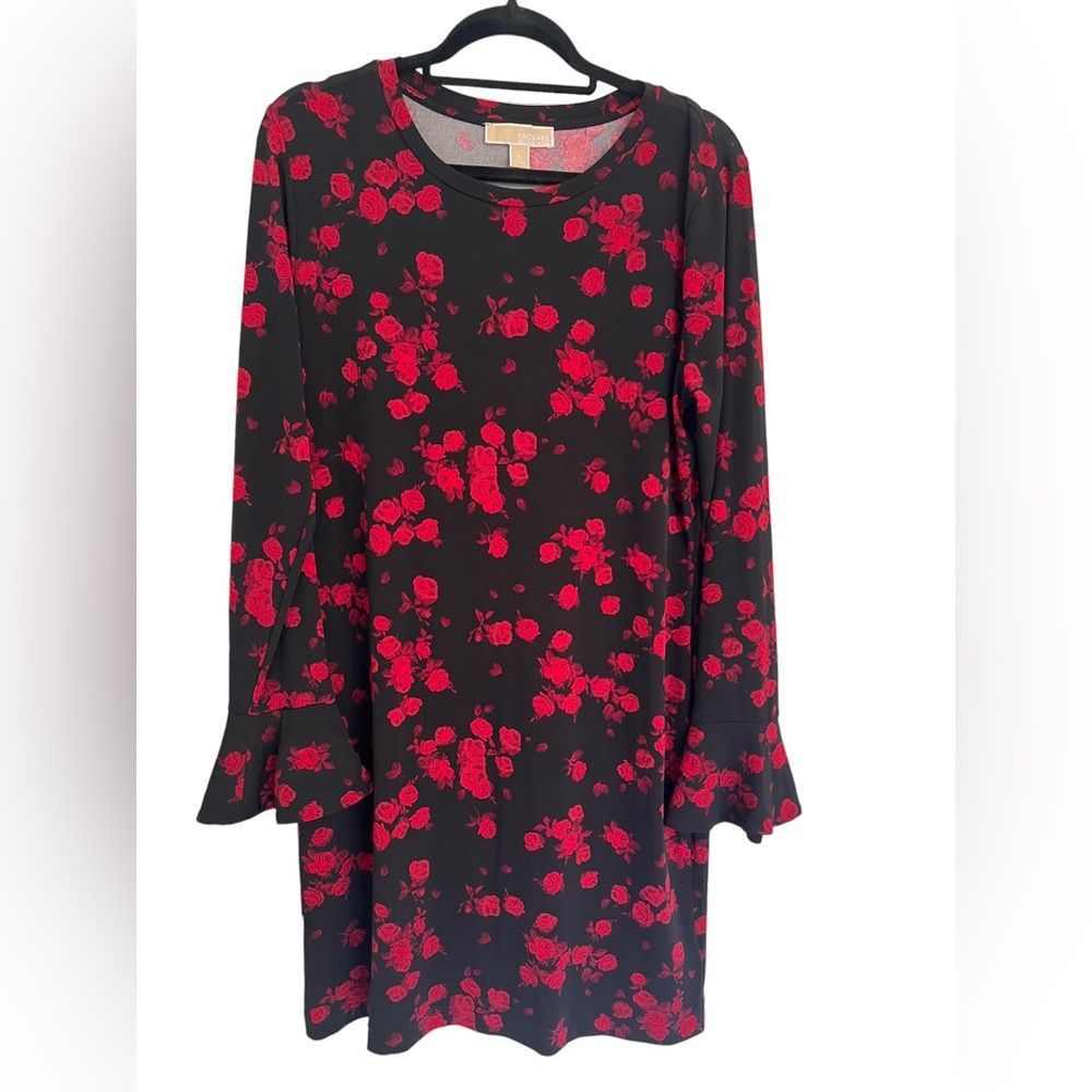 MICHAEL KORS Women Floral Print Midi Dress. Size L, Color Red and Black